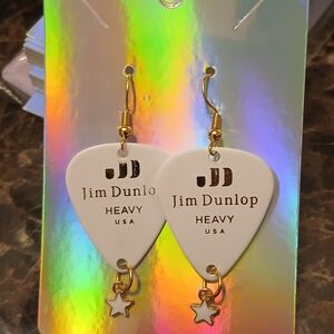 Jim Dunlop White Guitar Pick Earrings with Gold Star Charms